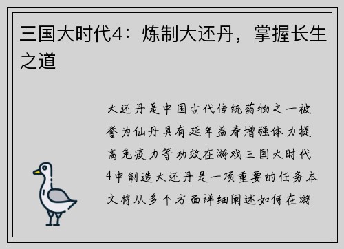 三国大时代4：炼制大还丹，掌握长生之道